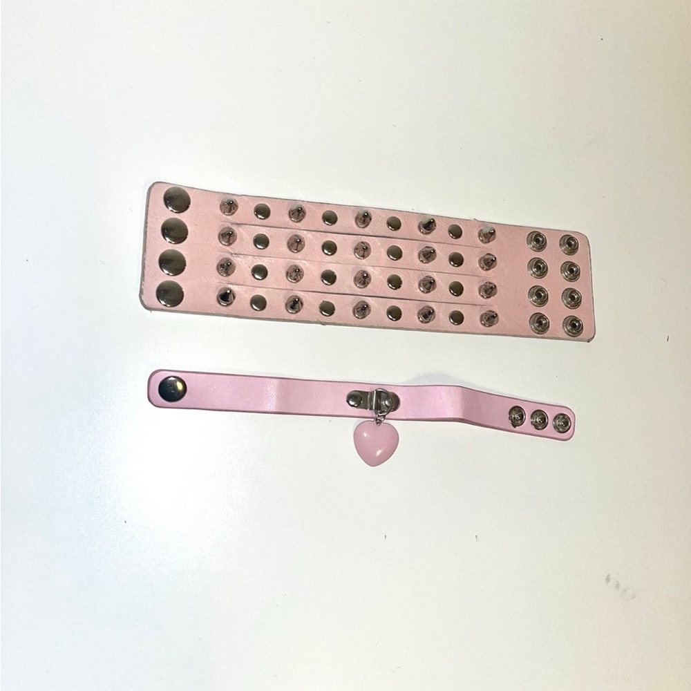 Pink faux leather spike wristband cuff and pastel pink faux leather bracelet